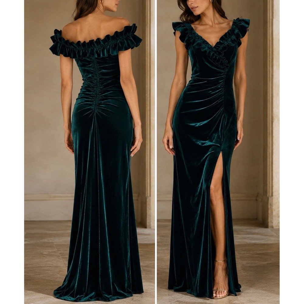 XSCAPE Hunter Green Velvet Ruffle Off Shoulder Maxi Gown RC401 Size 14